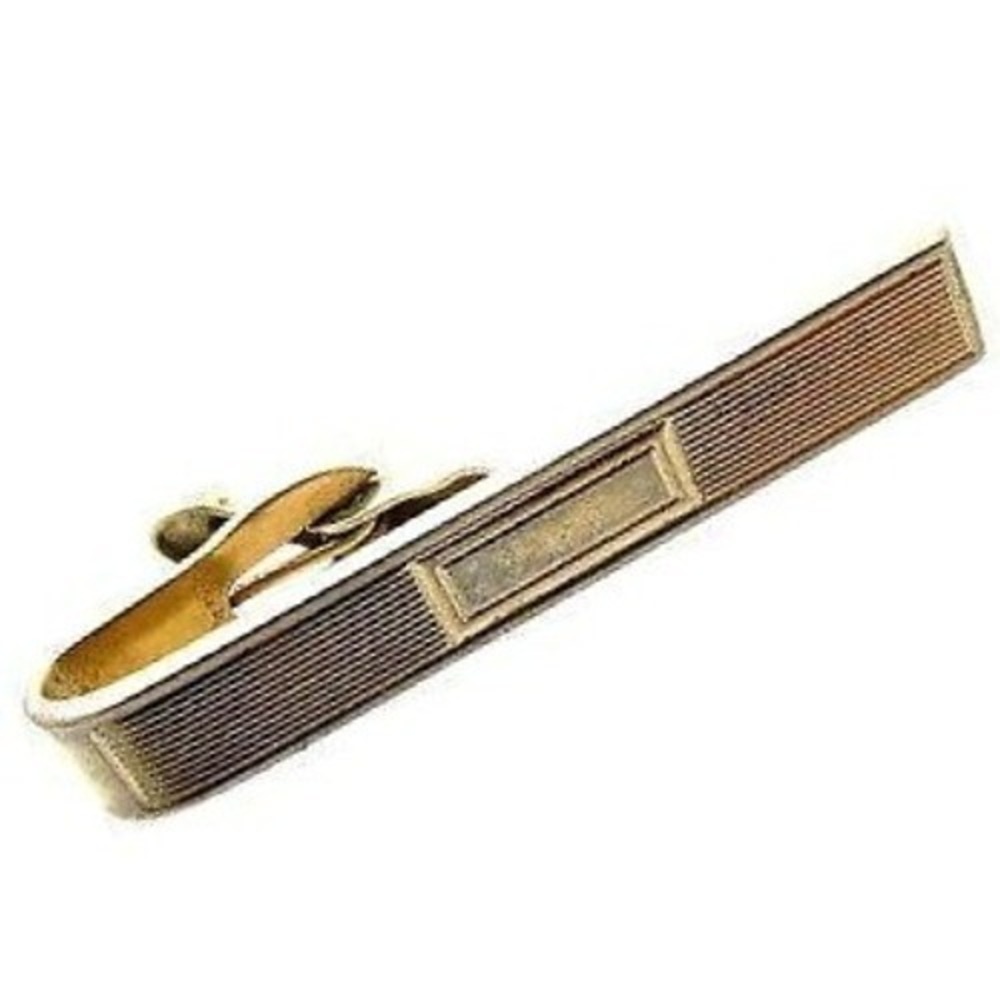 Vintage Gold Toned Signed Shields Thin Shiny Ribbed Design Tie Clip Clasp